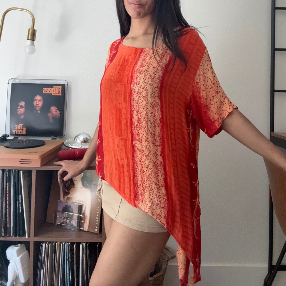 Boho Asymmetrical Sharkbite Tunic Top Orange Red Floral Beaded Tassel One Size - Picture 2 of 9